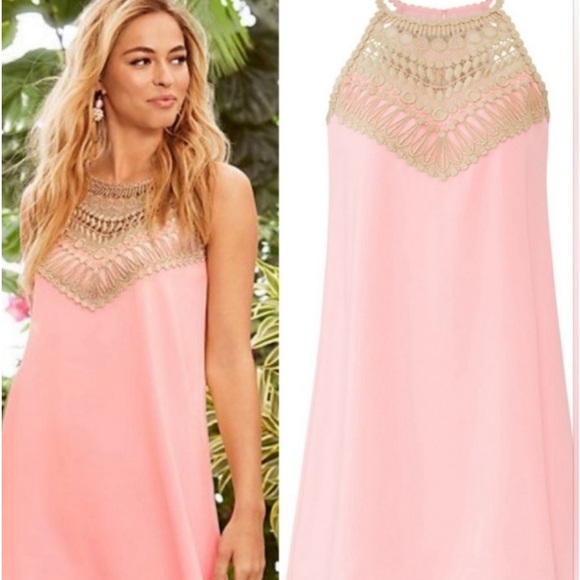 Lilly Pulitzer Pearl Soft Shift. Fun barbie pink w/gold thread cut out top. - Picture 2 of 6